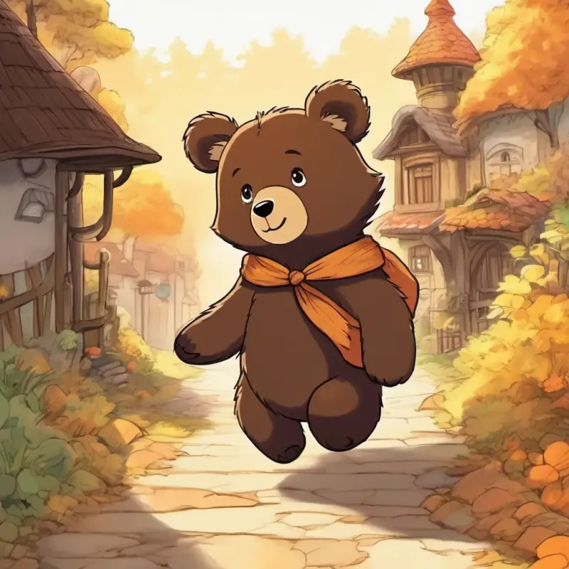 Small bear, fluffy, dark brown fur, warm amber eyes, with courage and friends' help, reaching the town.