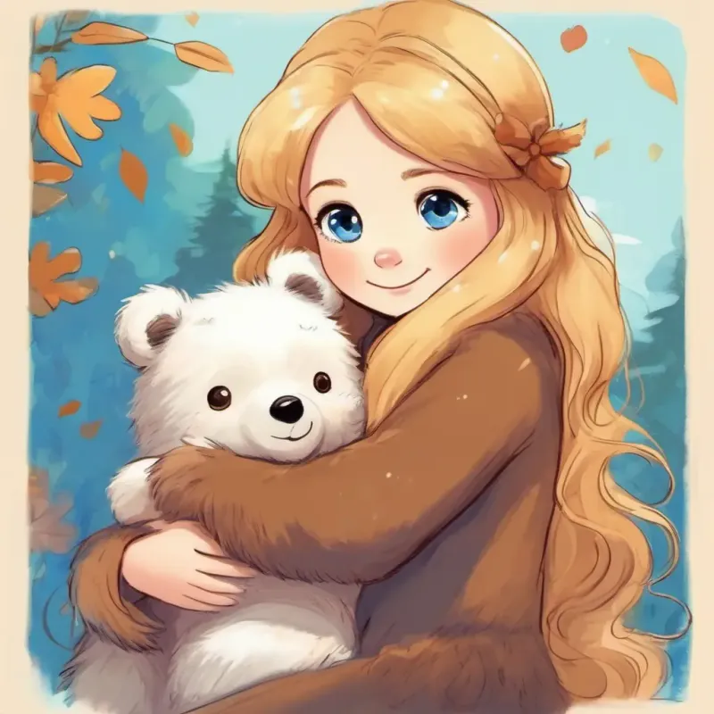 Reunion of Small bear, fluffy, dark brown fur, warm amber eyes and Loving girl, long blonde hair, bright blue eyes, a happy ending of hugs.