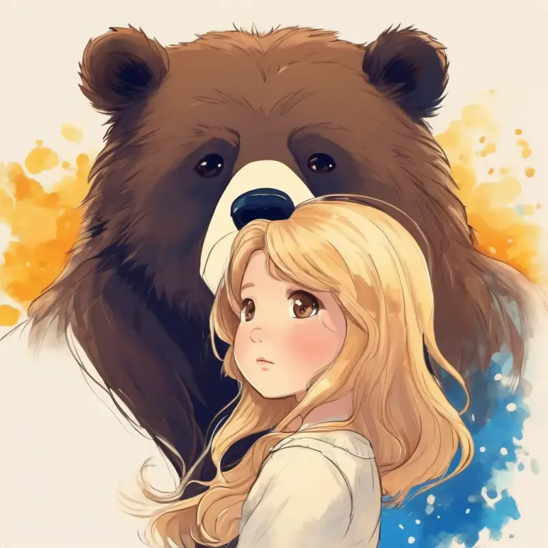 Introduction of Small bear, fluffy, dark brown fur, warm amber eyes the bear, who misses Loving girl, long blonde hair, bright blue eyes.