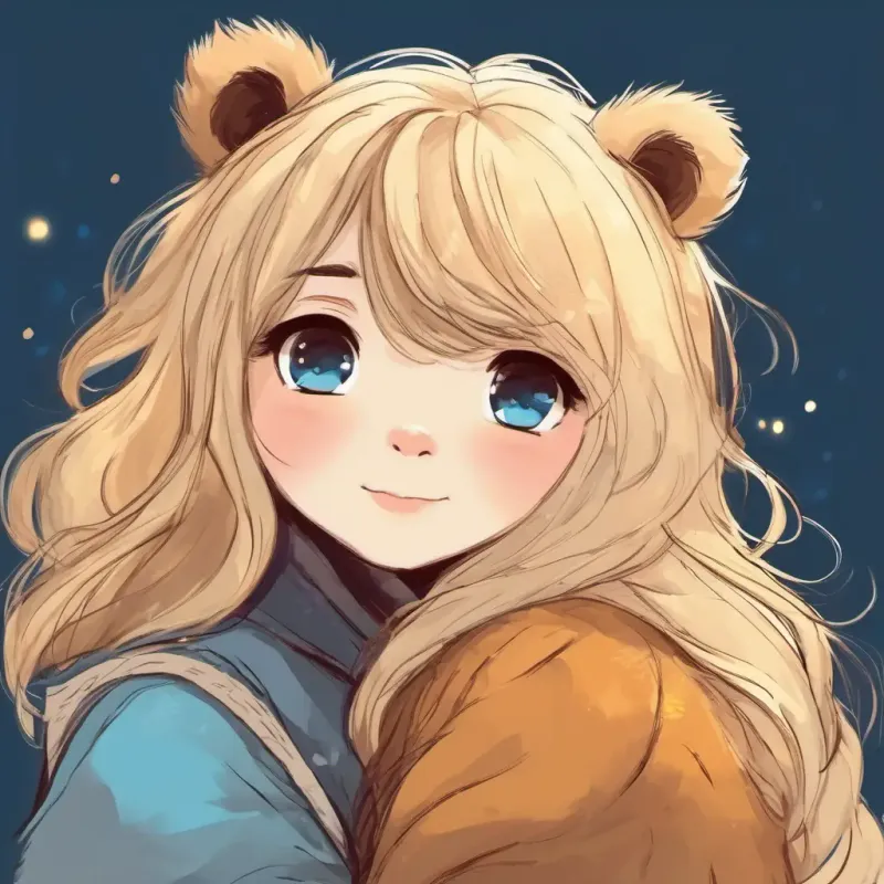 Small bear, fluffy, dark brown fur, warm amber eyes's memories of Loving girl, long blonde hair, bright blue eyes, longing for her hug.