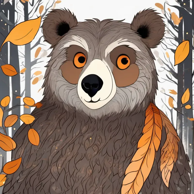 Small bear, fluffy, dark brown fur, warm amber eyes meeting the Old owl, grey feathers, piercing silver eyes, starting his hopeful journey.