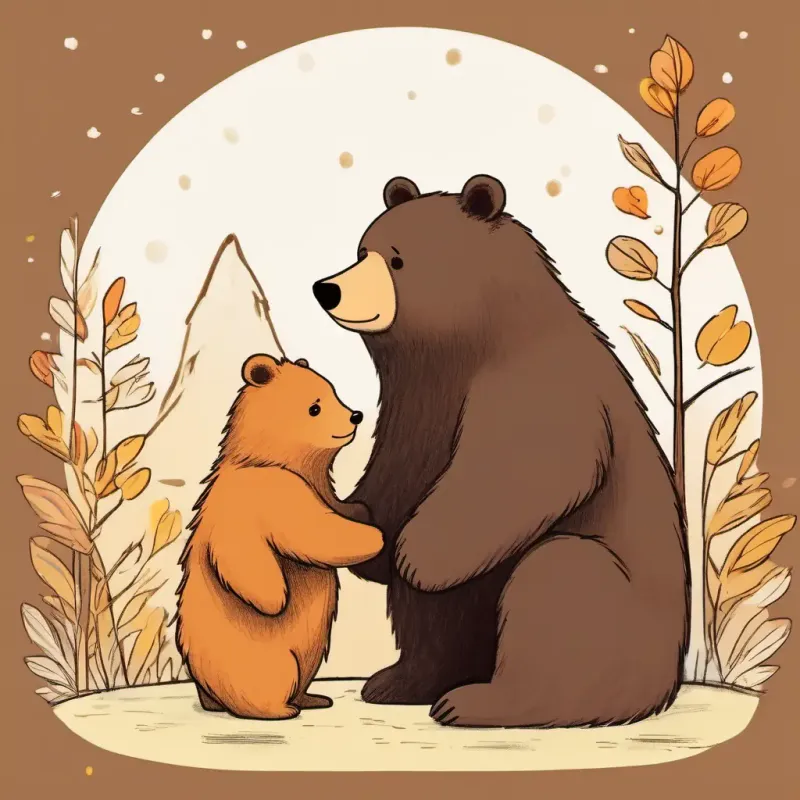 Small bear, fluffy, dark brown fur, warm amber eyes's journey, making friends, sharing stories.