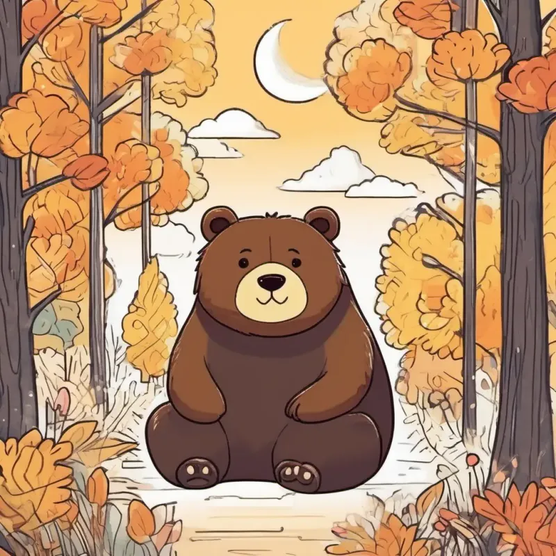 Small bear, fluffy, dark brown fur, warm amber eyes and new friends facing and overcoming challenges.