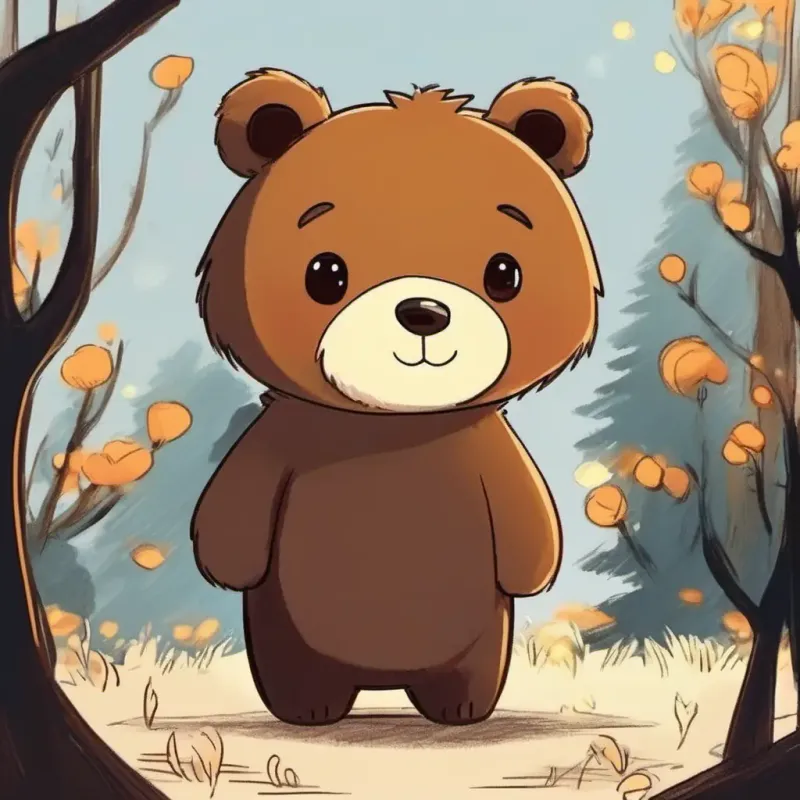 Small bear, fluffy, dark brown fur, warm amber eyes's realization about loss and the value of friendship.