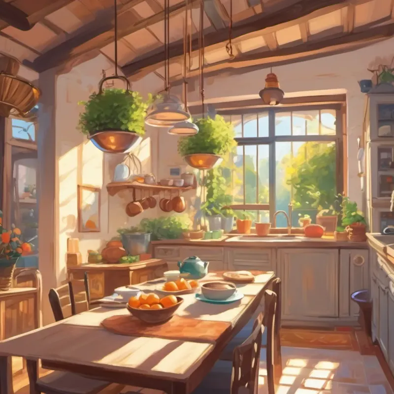 A kitchen with morning sun streaming in, breakfast bells hanging above, gently ringing.