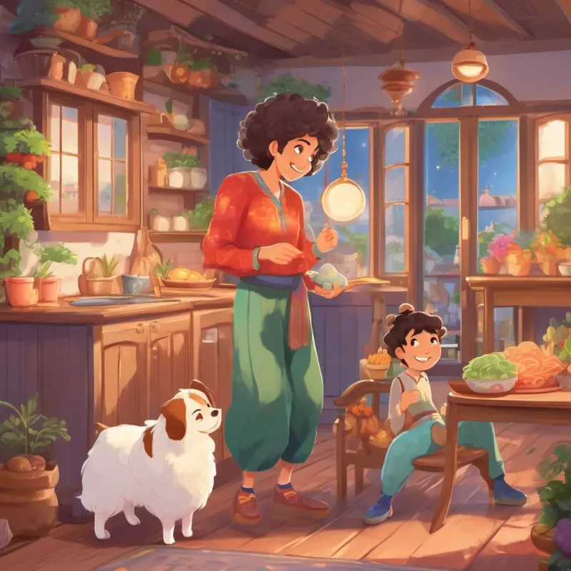 a joyful woman with curly hair and bright eyes, dressed in colorful attire, always smiling and a cheerful man with a round belly, twinkling eyes, and a kind demeanor, often juggling together in a cozy, heartwarming home with a peaceful smile.