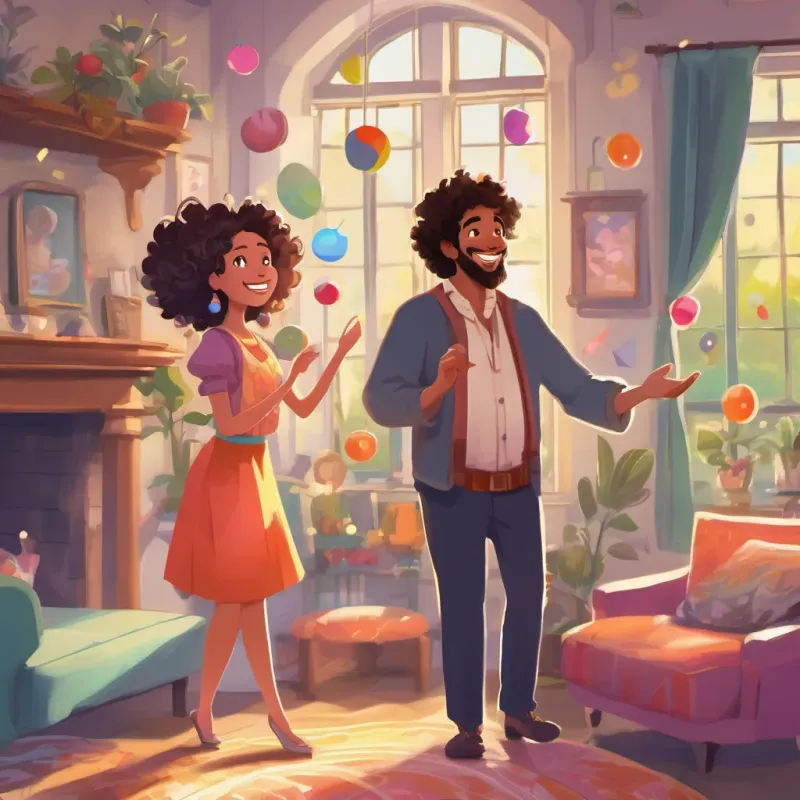 a joyful woman with curly hair and bright eyes, dressed in colorful attire, always smiling and a cheerful man with a round belly, twinkling eyes, and a kind demeanor, often juggling singing joyfully in the living room, with musical notes dancing in the air.