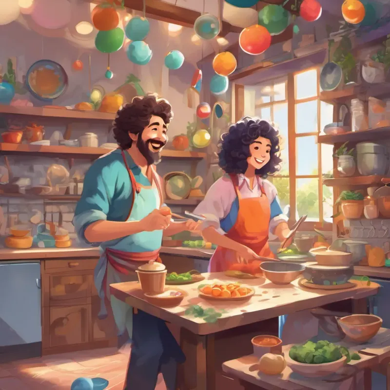 a cheerful man with a round belly, twinkling eyes, and a kind demeanor, often juggling juggling kitchen utensils while a joyful woman with curly hair and bright eyes, dressed in colorful attire, always smiling dances around, both with joyful expressions.