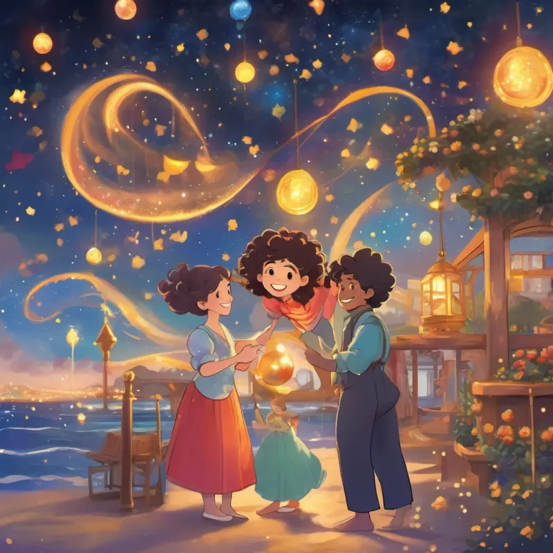 a joyful woman with curly hair and bright eyes, dressed in colorful attire, always smiling and a cheerful man with a round belly, twinkling eyes, and a kind demeanor, often juggling standing under a sparkling starry sky by the sea.