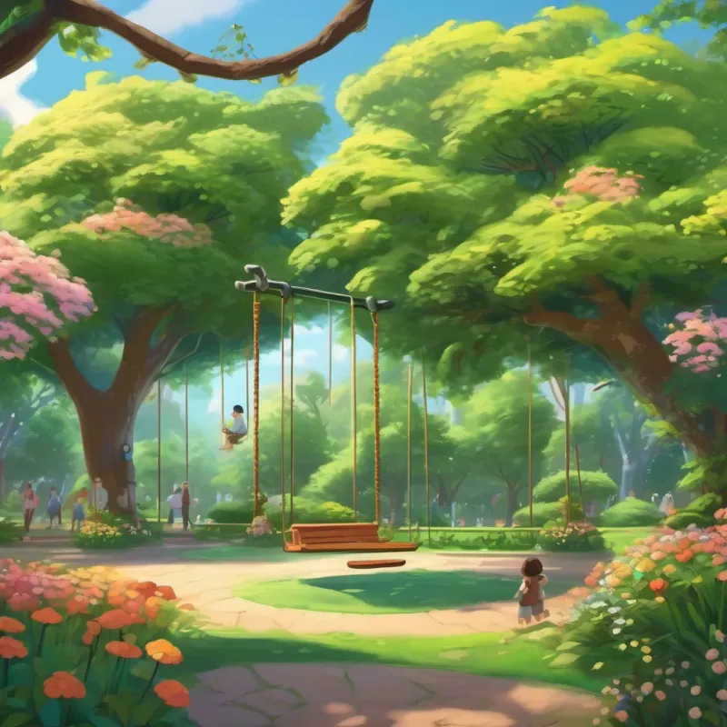 A lush, green park with swings, flowers, and parents playing with their children.