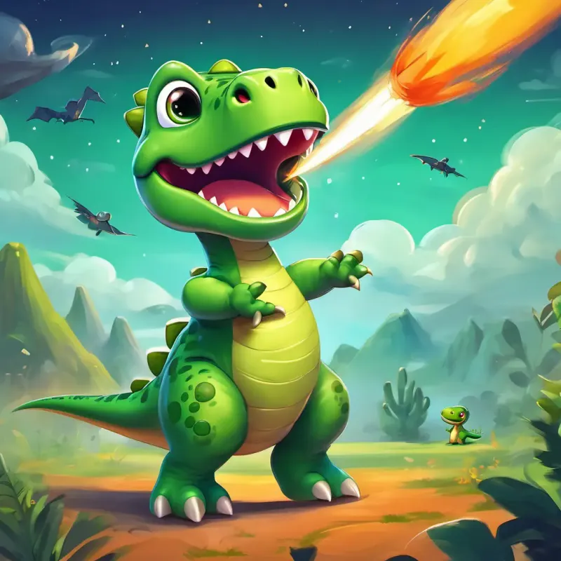 Little green dinosaur with big eyes and a huge smile, a small green dinosaur with big eyes, is standing in a land full of dinosaurs. Little green dinosaur with big eyes and a huge smile is holding a rocket in his tiny hands and is excited to go to space.