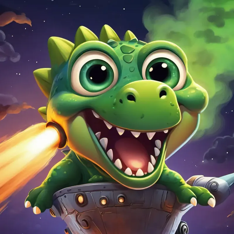 Little green dinosaur with big eyes and a huge smile is sitting inside the rocket, holding tight. The rocket is blasting off into the sky, leaving behind a trail of smoke. Little green dinosaur with big eyes and a huge smile's eyes are wide open with excitement.