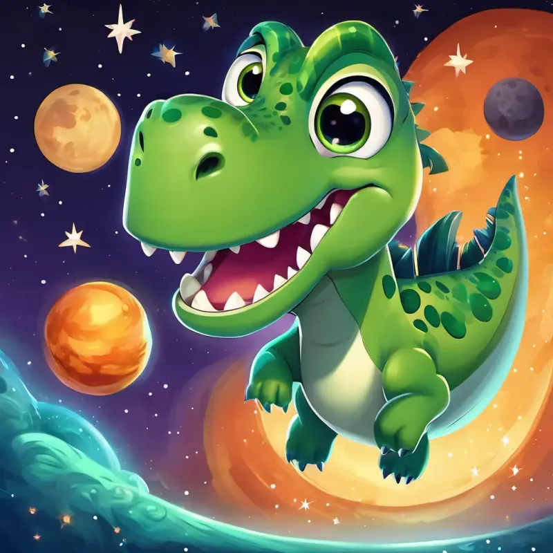 Little green dinosaur with big eyes and a huge smile is now flying through space, passing stars and planets. He sees the Moon, a bright glowing ball, and they exchange waves. The Moon smiles at Little green dinosaur with big eyes and a huge smile.