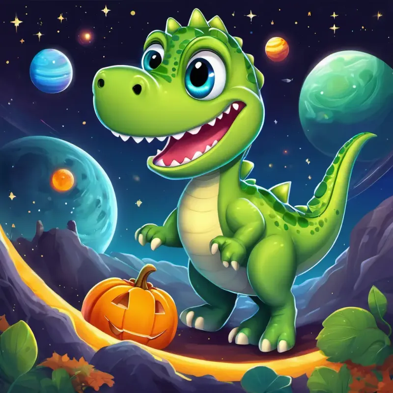 Little green dinosaur with big eyes and a huge smile is flying past different planets. He sees Mercury, Venus, Mars, and Jupiter, and is amazed by their beauty. Saturn has beautiful rings around it, and Uranus is tilted on its side, making Little green dinosaur with big eyes and a huge smile laugh.