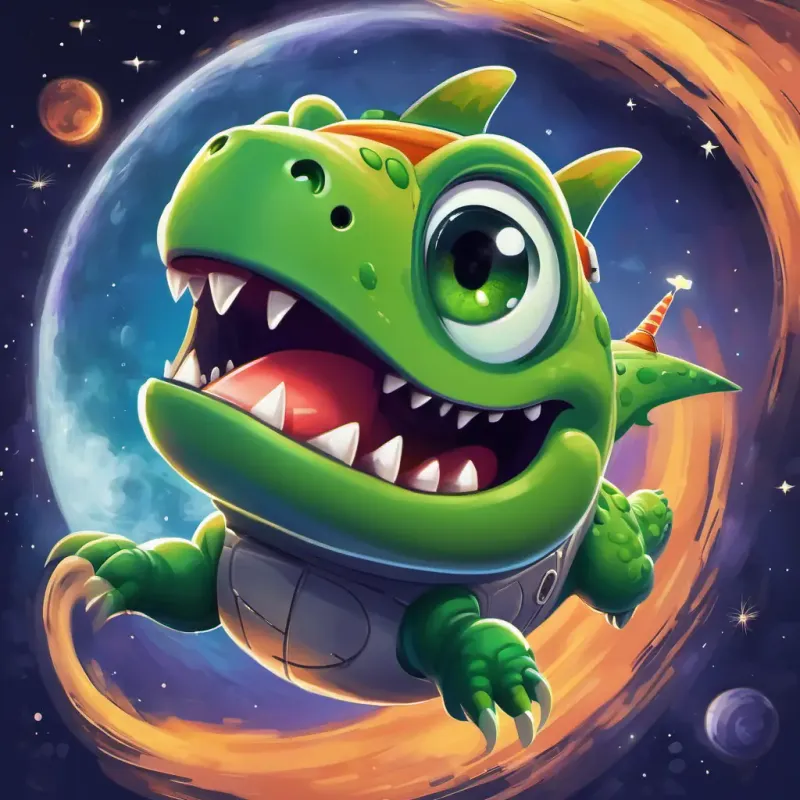 Little green dinosaur with big eyes and a huge smile is turning his rocket around and heading back to Earth. The rocket is descending back through space. Little green dinosaur with big eyes and a huge smile has a happy smile on his face.