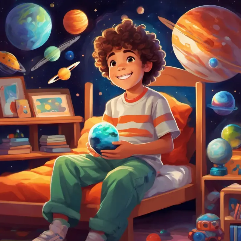 Curly-haired kid with a big grin, wearing a space-themed t-shirt is in his bedroom, surrounded by toys and posters of planets, dreaming of space adventures.