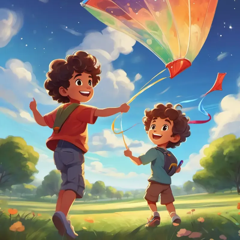Curly-haired kid with a big grin, wearing a space-themed t-shirt is at the park, flying his kite, and the wind is blowing the kite in the air.