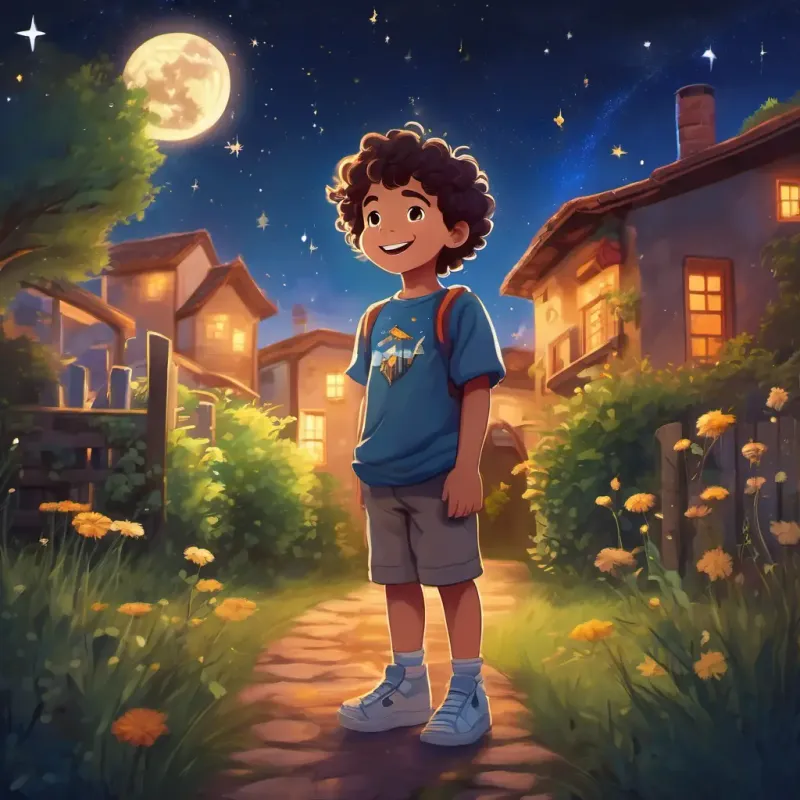 Curly-haired kid with a big grin, wearing a space-themed t-shirt is in his backyard, staring at the night sky filled with shooting stars and glowing moon.