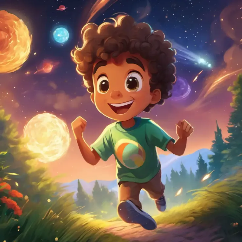 In the backyard, comets are crashing into each other, with Curly-haired kid with a big grin, wearing a space-themed t-shirt amazed by the sight.