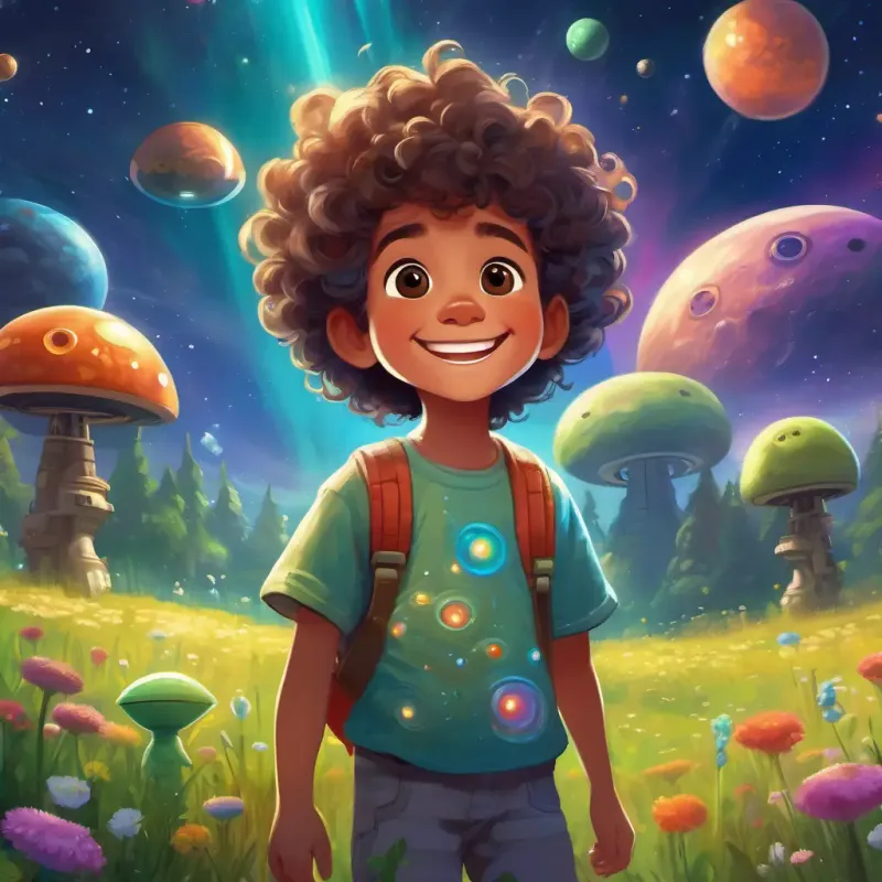 In a meadow, Curly-haired kid with a big grin, wearing a space-themed t-shirt meets friendly aliens with colorful, sparkly skin and big, round eyes.