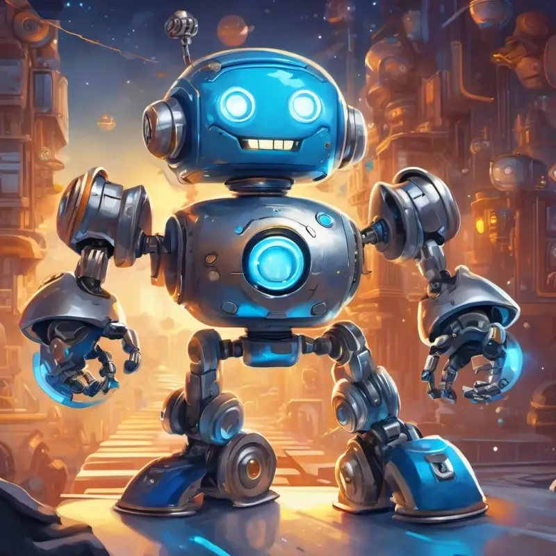 Shiny robot with blinking lights and metal arms, blue and silver in color is a friendly robot with blinking lights and spinning gears, zooming around Curly-haired kid with a big grin, wearing a space-themed t-shirt with excitement.