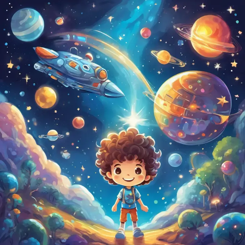 Curly-haired kid with a big grin, wearing a space-themed t-shirt and Shiny robot with blinking lights and metal arms, blue and silver in color are flying through space, surrounded by colorful, whimsical aliens, and sparkling stars.