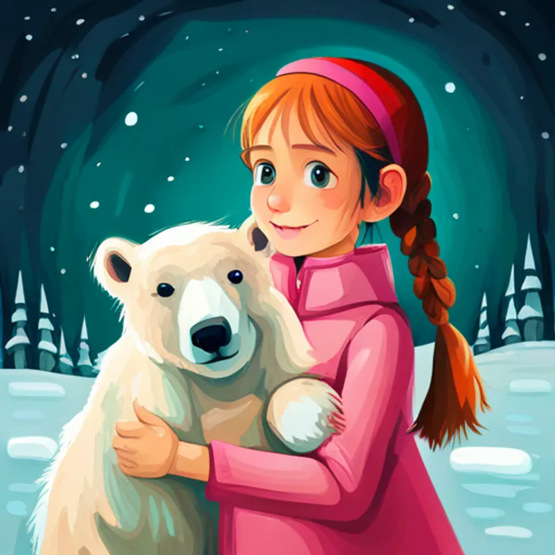 A little girl with pigtails, wearing a pink winter coat. holds a picture of a polar bear