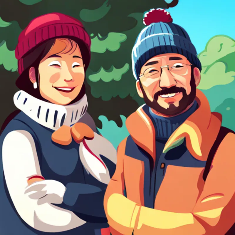 Mom and Dad wearing warm jackets and hats. nod and smile at her request