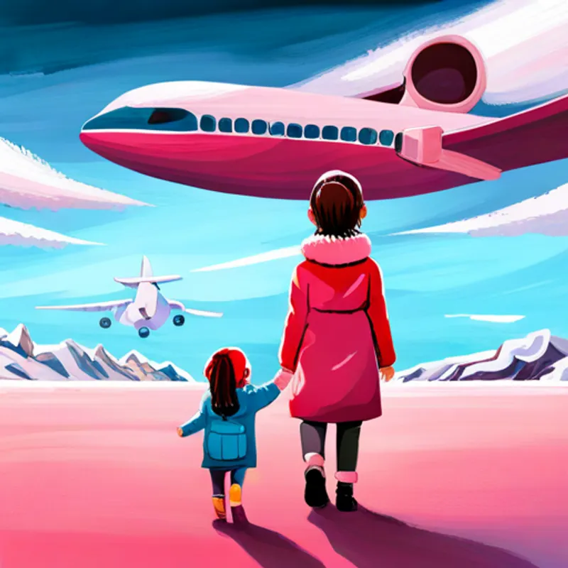 A little girl with pigtails, wearing a pink winter coat., her parents, and a big airplane