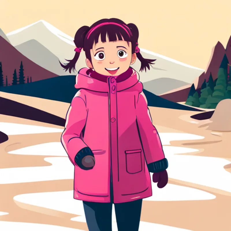 A little girl with pigtails, wearing a pink winter coat. points excitedly at the snowy landscape