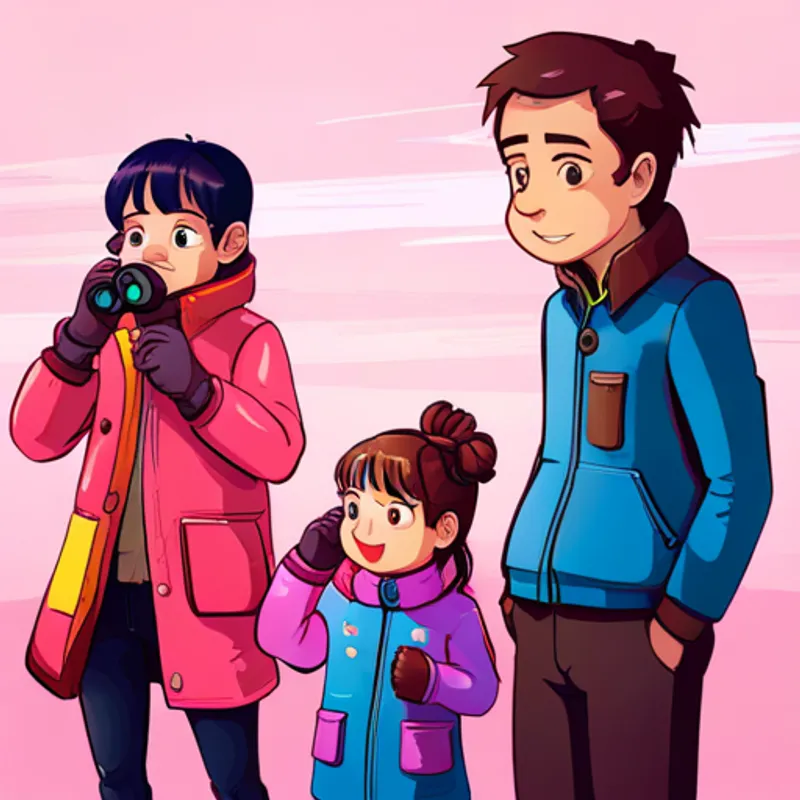 A little girl with pigtails, wearing a pink winter coat., her parents, and a A man with a blue jacket and binoculars. on a boat