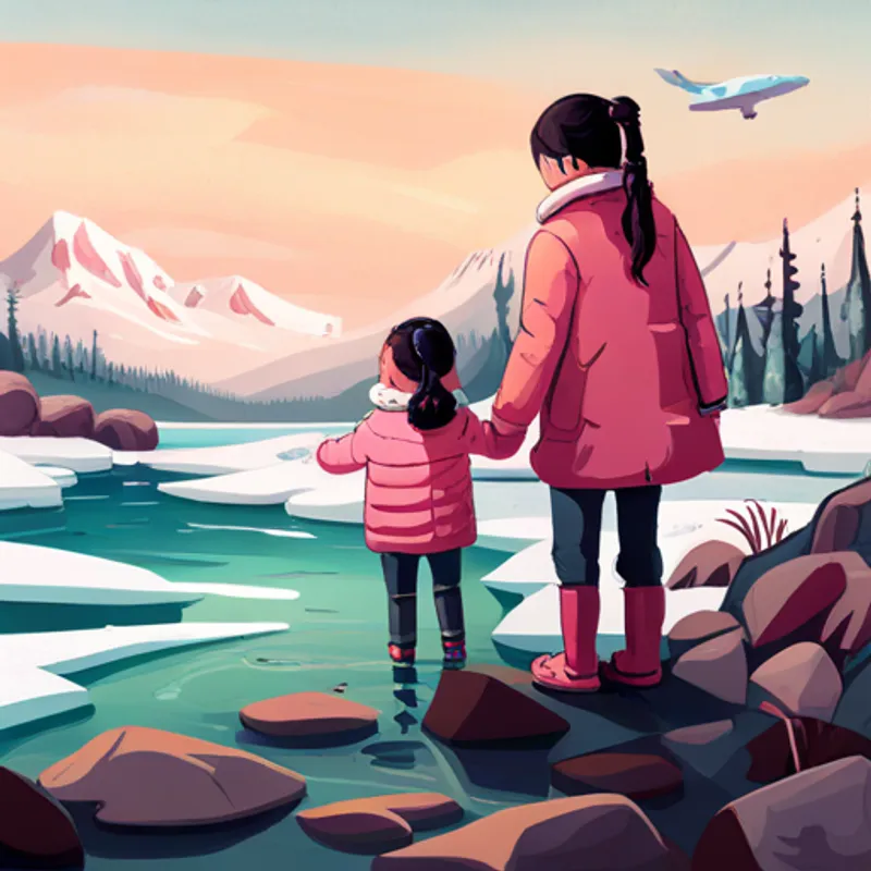 A little girl with pigtails, wearing a pink winter coat. and her parents watching a polar bear swim