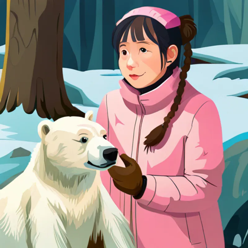 The guide explaining polar bear facts to A little girl with pigtails, wearing a pink winter coat.