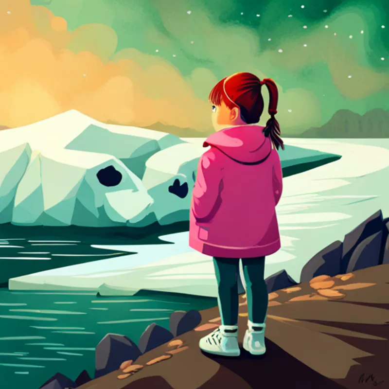 A little girl with pigtails, wearing a pink winter coat. amazed by a picture of a polar bear swimming