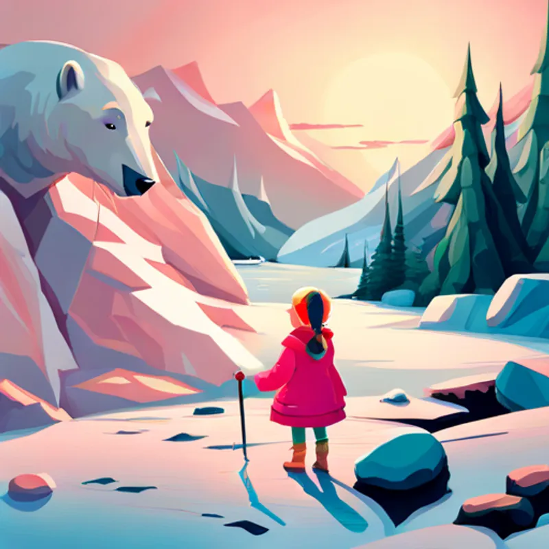 A little girl with pigtails, wearing a pink winter coat. looking at a drawing of a polar bear hunting
