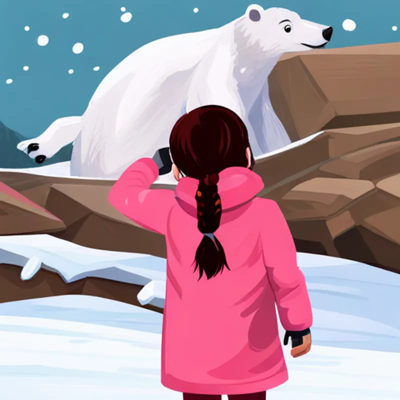 A little girl with pigtails, wearing a pink winter coat. waving goodbye to a polar bear family