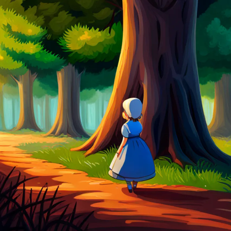 Caperucita caminando por un bosque lleno de árboles