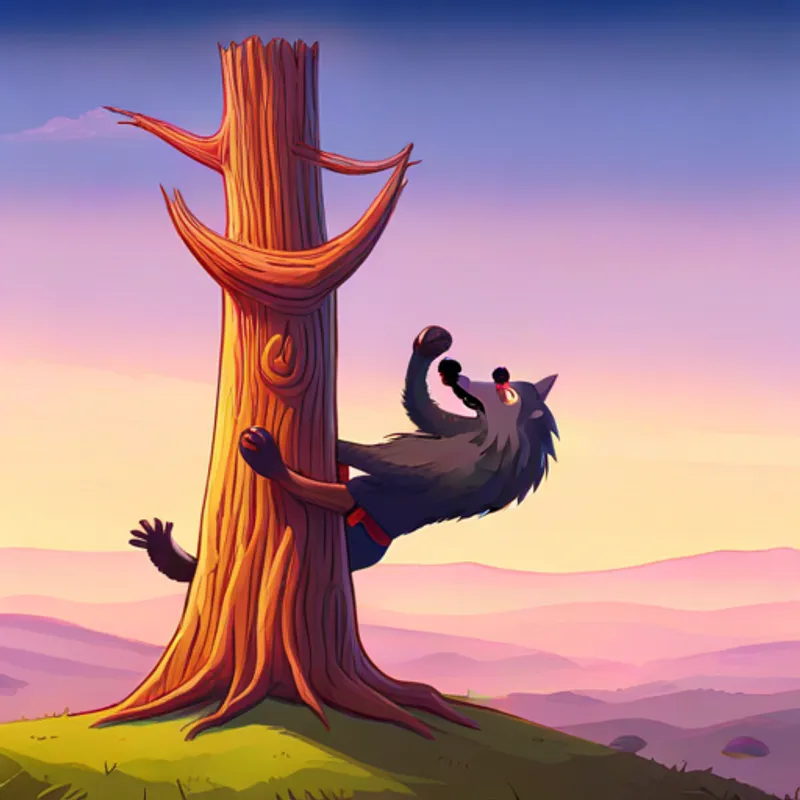 El lobo acechando detrás de un árbol