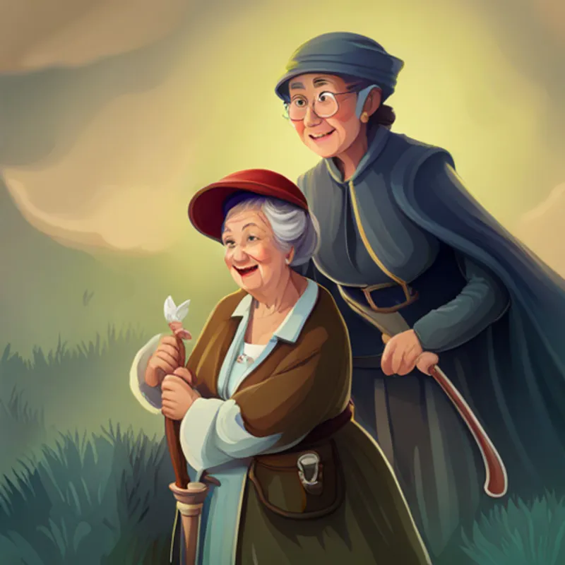 Caperucita con el cazador y su abuelita sonriendo