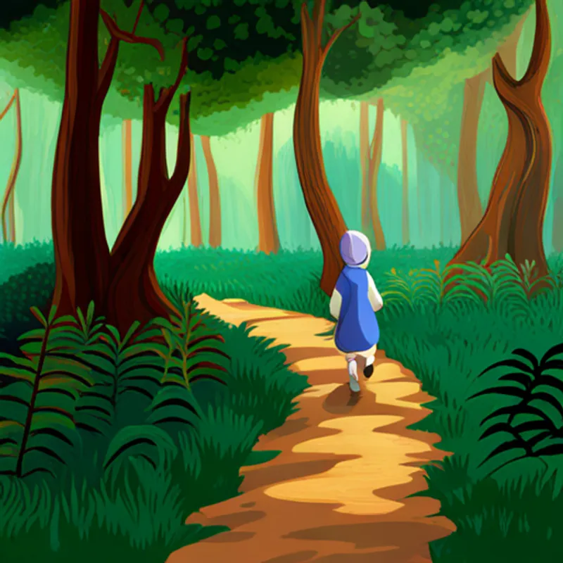 Caperucita caminando por el bosque con precaución