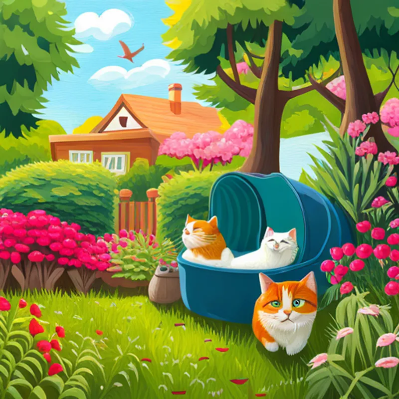 Cats and birds living happily together, keeping garden safe