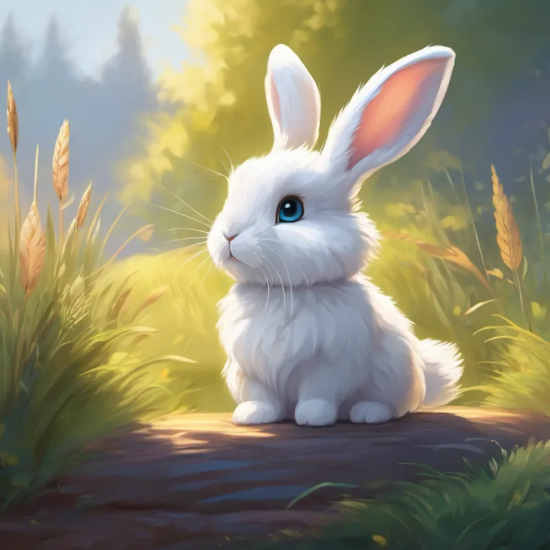 Introduction to Cute, fluffy rabbit, soft white fur, bright, curious eyes, the homey burrow, setting of safety, mention of fear