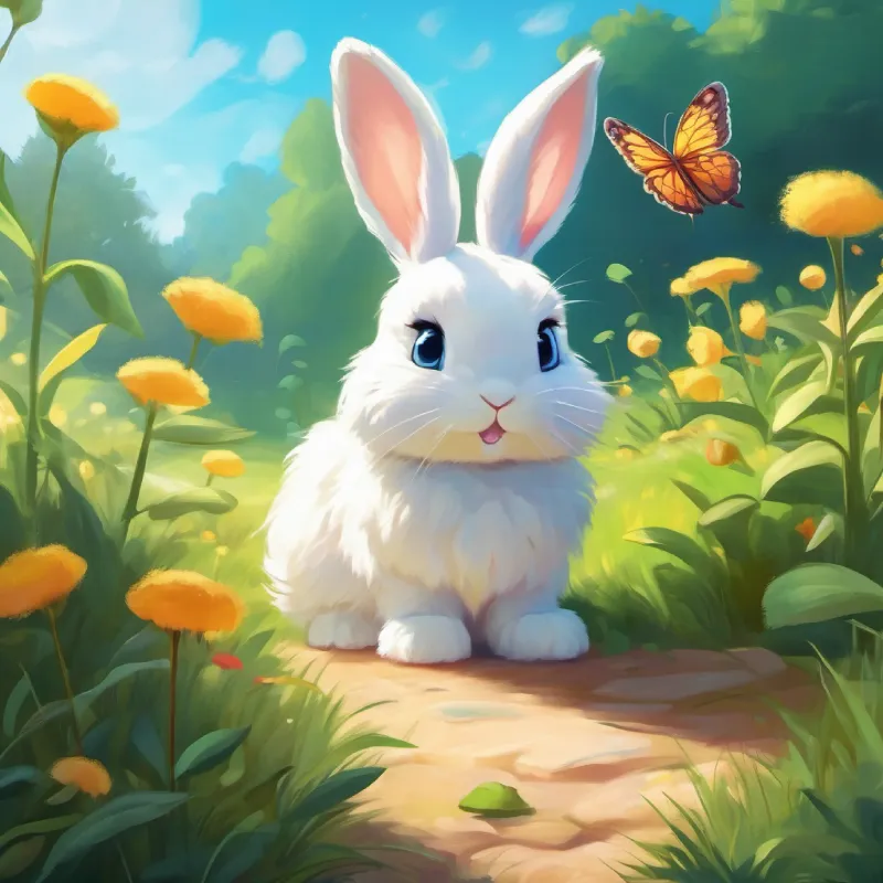 Sunny day, Cute, fluffy rabbit, soft white fur, bright, curious eyes meets a butterfly, invitation to adventure, feeling of worry