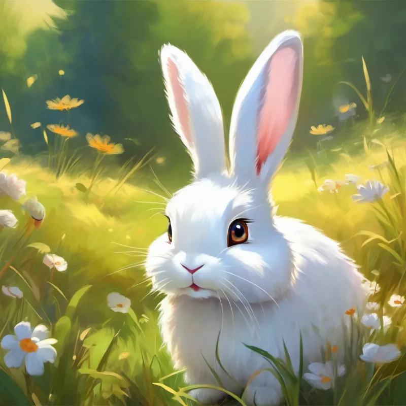 Cute, fluffy rabbit, soft white fur, bright, curious eyes decides to be brave, discovers beauty of the meadow, senses delight