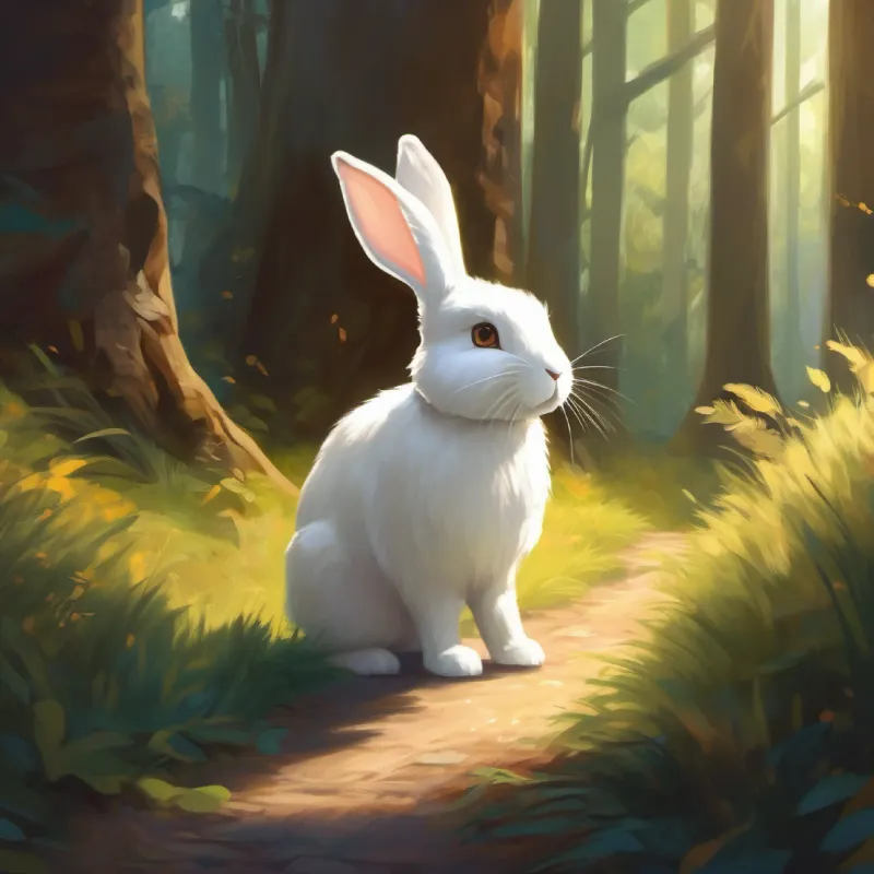 Journey continues, fear returns in the woods, Cute, fluffy rabbit, soft white fur, bright, curious eyes reaffirms courage