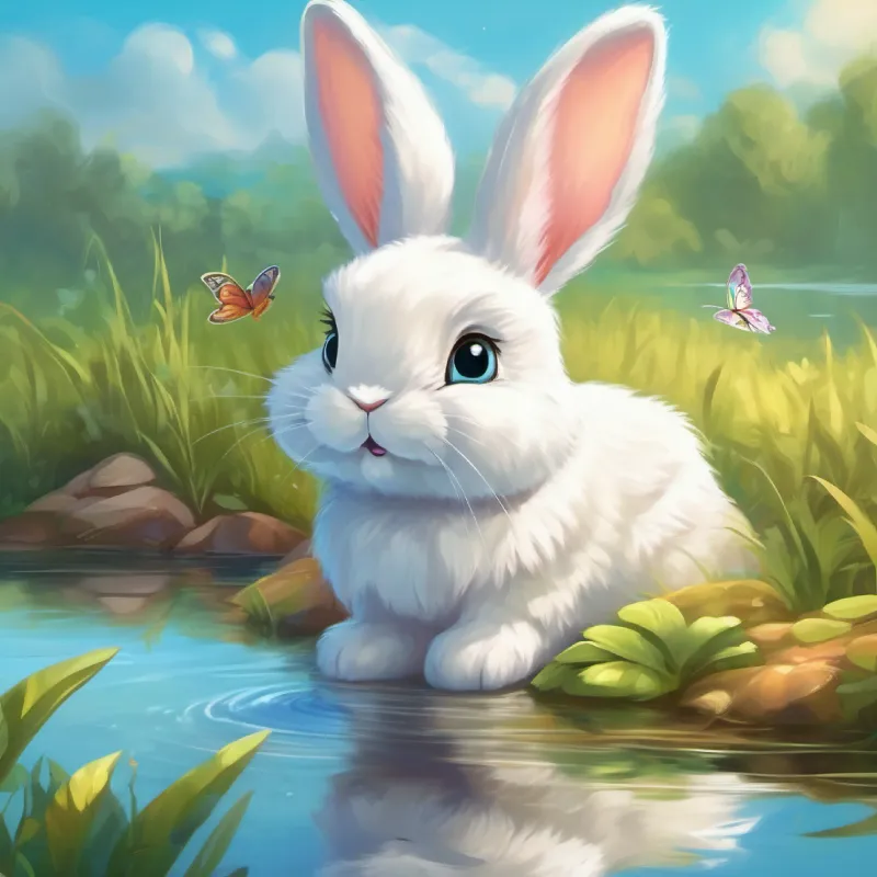 Cute, fluffy rabbit, soft white fur, bright, curious eyes reaches a pond, sees reflection of bravery, butterfly reveals 'treasure'
