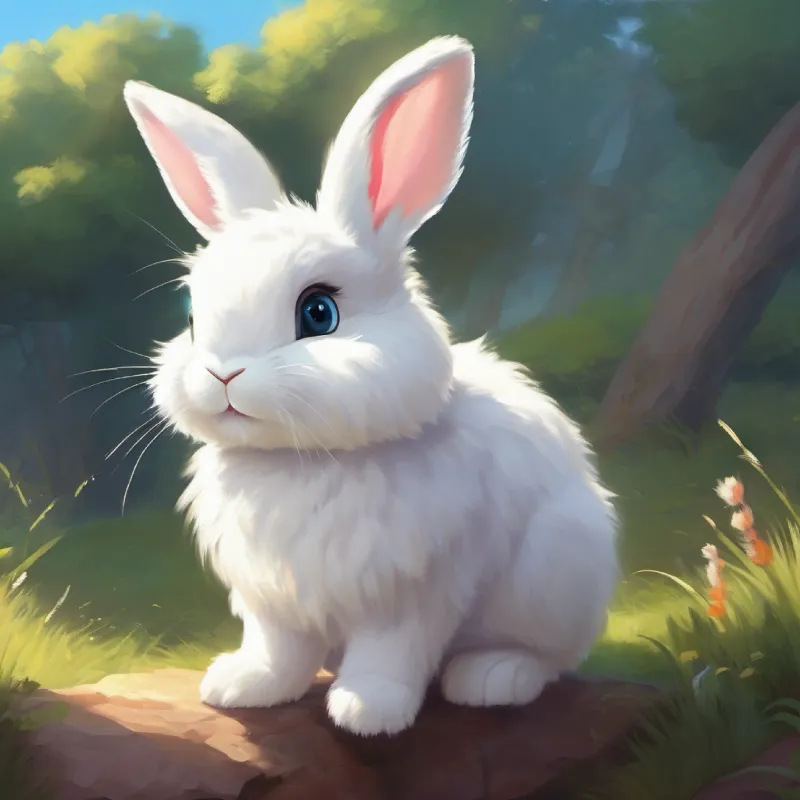 Feelings of pride, Cute, fluffy rabbit, soft white fur, bright, curious eyes helps others, sharing courage, friendship forms