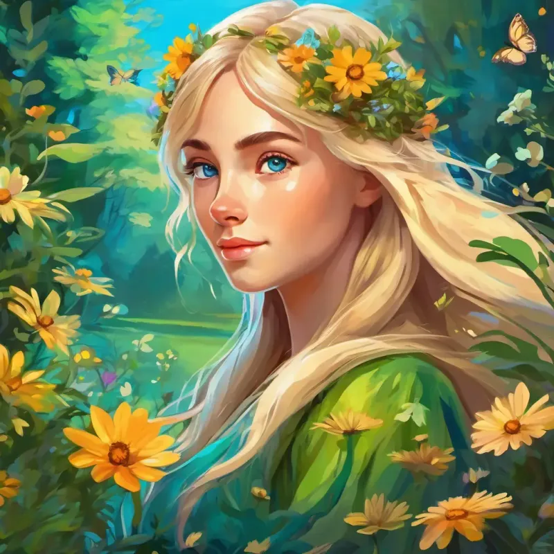 blonde Haare, blaue Augen und braune Haare, grüne Augen sehen den verwunschenen Wald, mit bunten Blumen, Bäumen und kleinen Elfen und Feen, die herumfliegen.