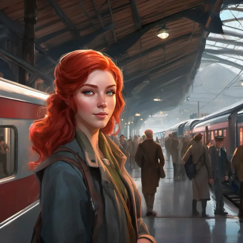 Red-haired, imaginative girl with bright eyes and fair skin arrives at train station; meets Quiet, kind man with a gentle smile, greying hair Cuthbert.