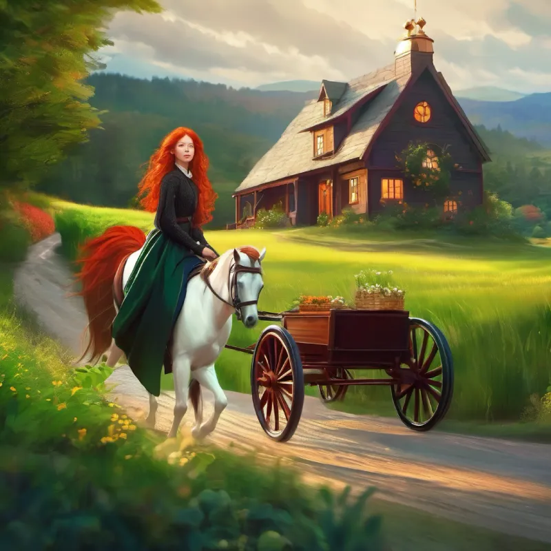 Red-haired, imaginative girl with bright eyes and fair skin's imagination on display as they ride to Green Gables.